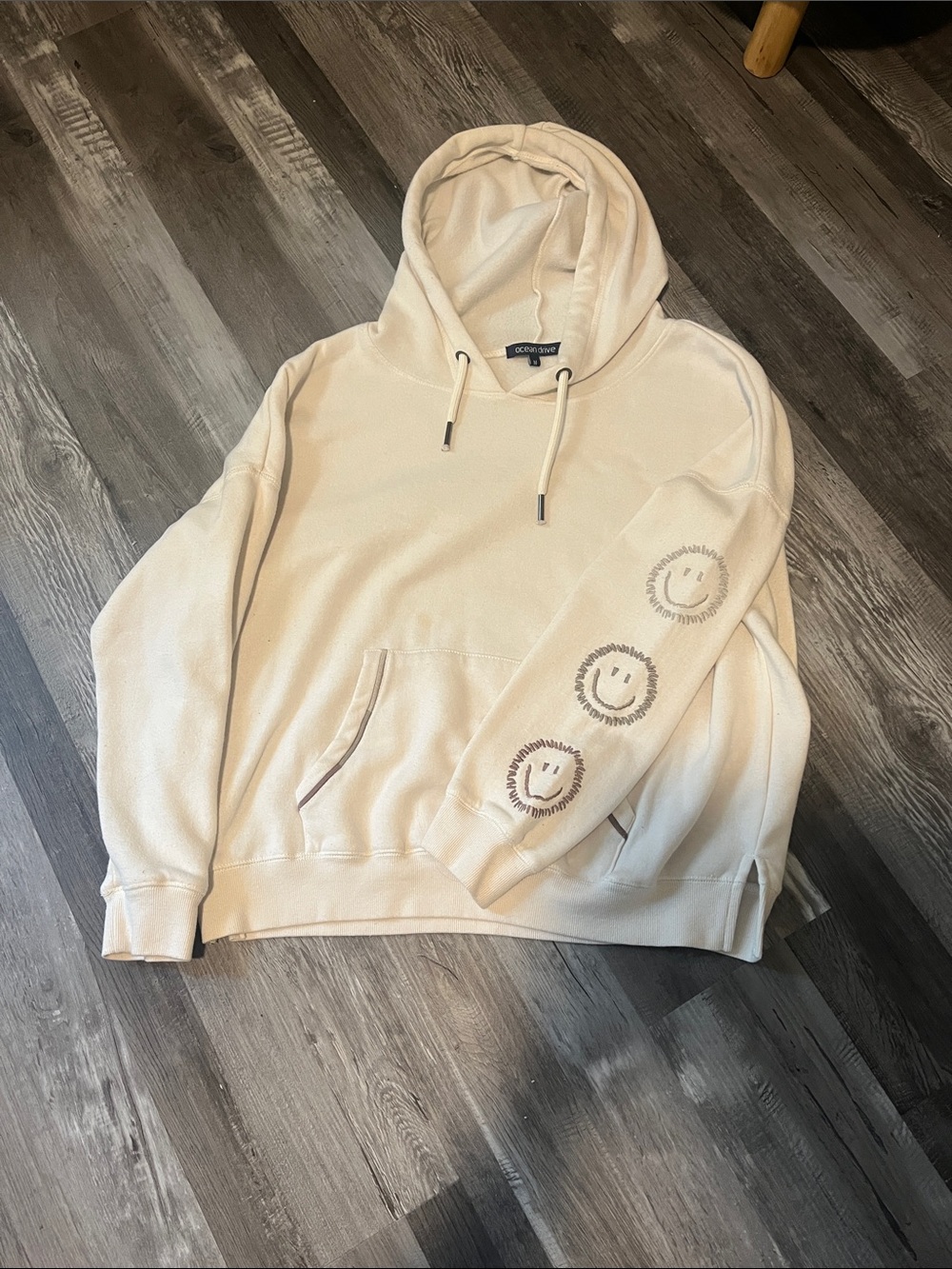 Ocean Drive Cream Hoodie with Smiley Sleeve Prints